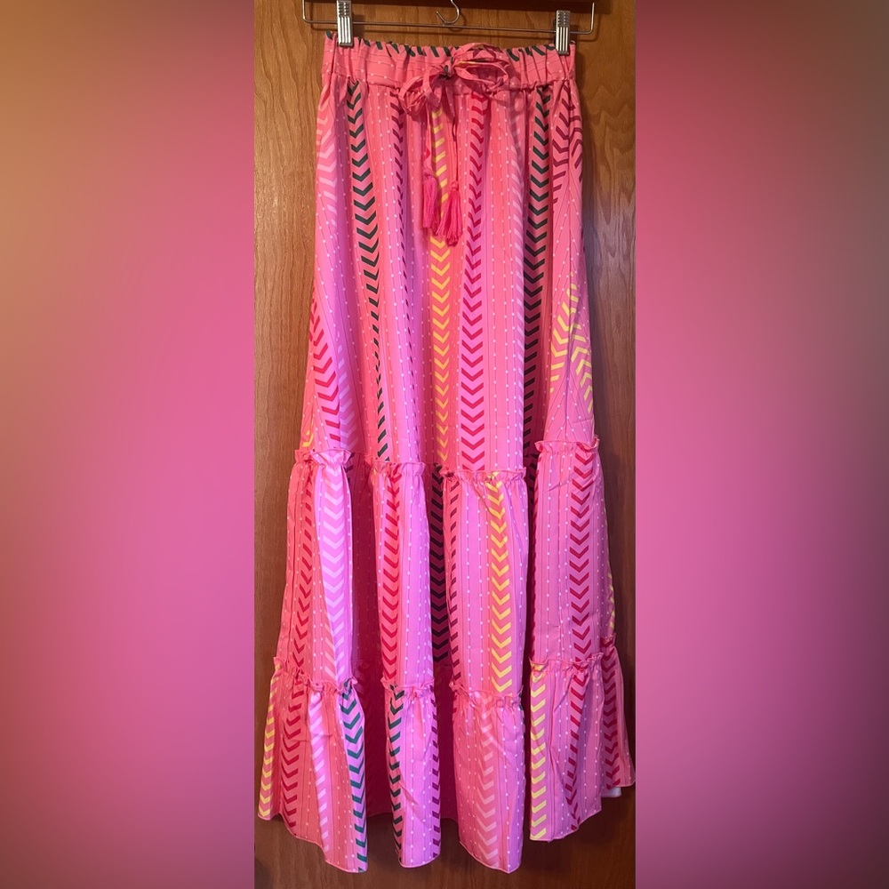New Pink Multi Chevron Patterned Maxi Skirt